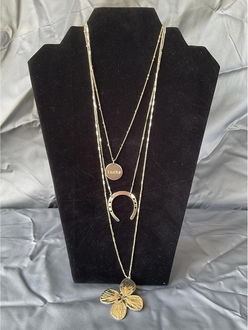 Express Long Gold Tone 3 Strand Lucky Horseshoe & 4 Leaf Clover Necklace # 1197